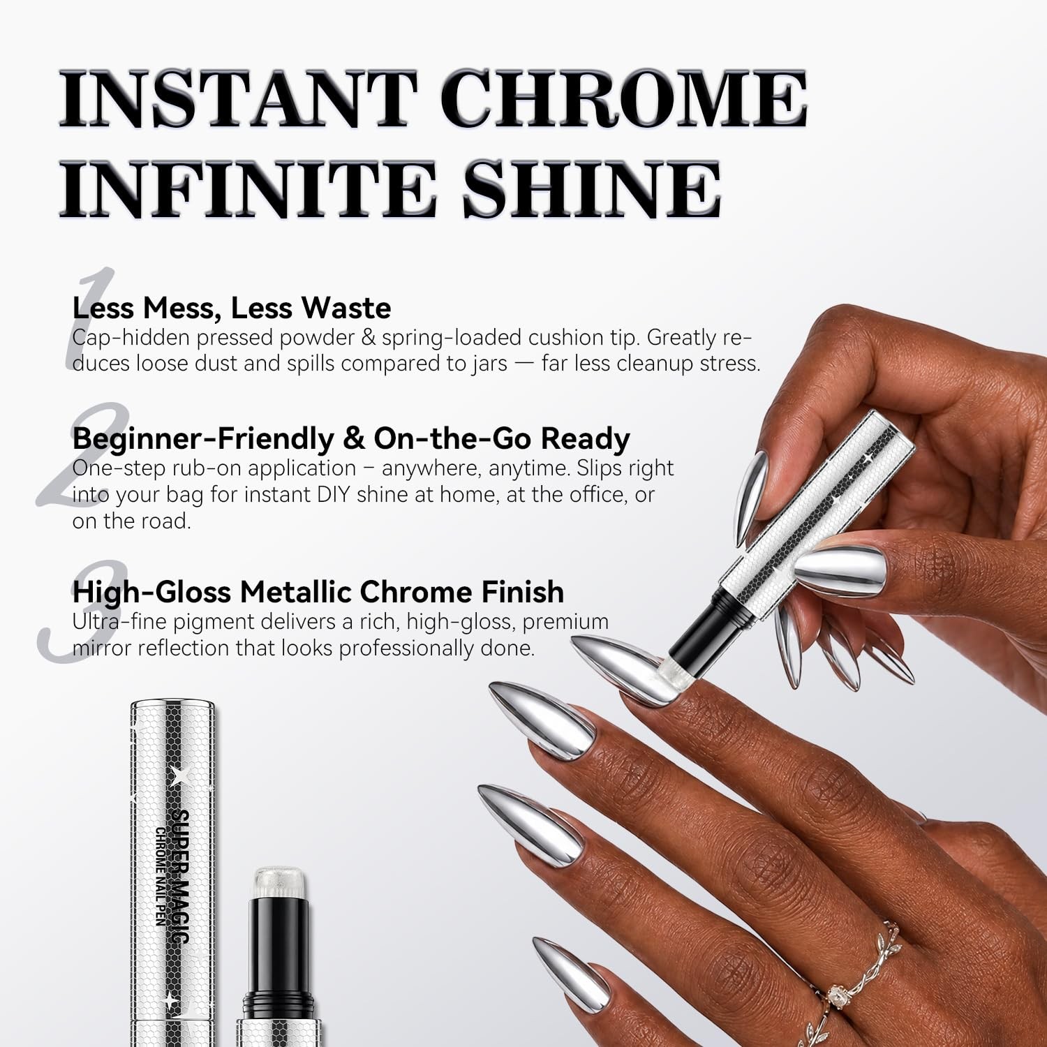 REPULOS Silver Chrome Nail Powder Pen, Metallic Mirror Effect Cushion Magic P…