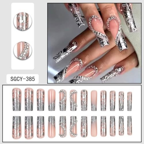 24Pcs Long Press on Nails Luxury Rhinestone Fake Nails silver rhinestones