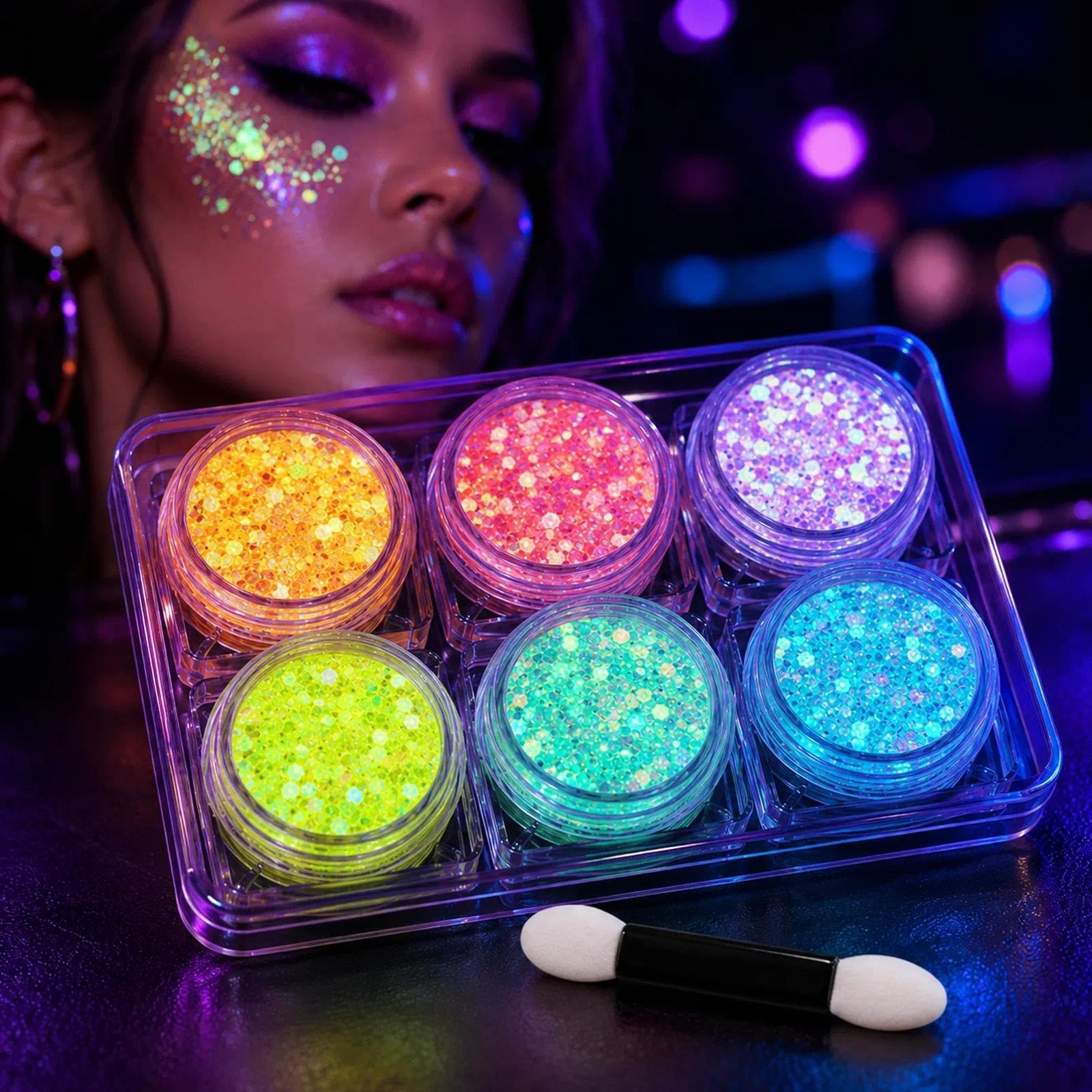 6 Colors Glow in The Dark Glitter Gel, Face & Body Glitter for Women, Neon Bl…