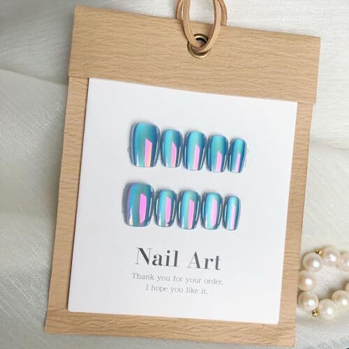 Blue Chrome Press on Nails Short Square Fake Nails 1 Fl Oz (Pack of 24) Style1