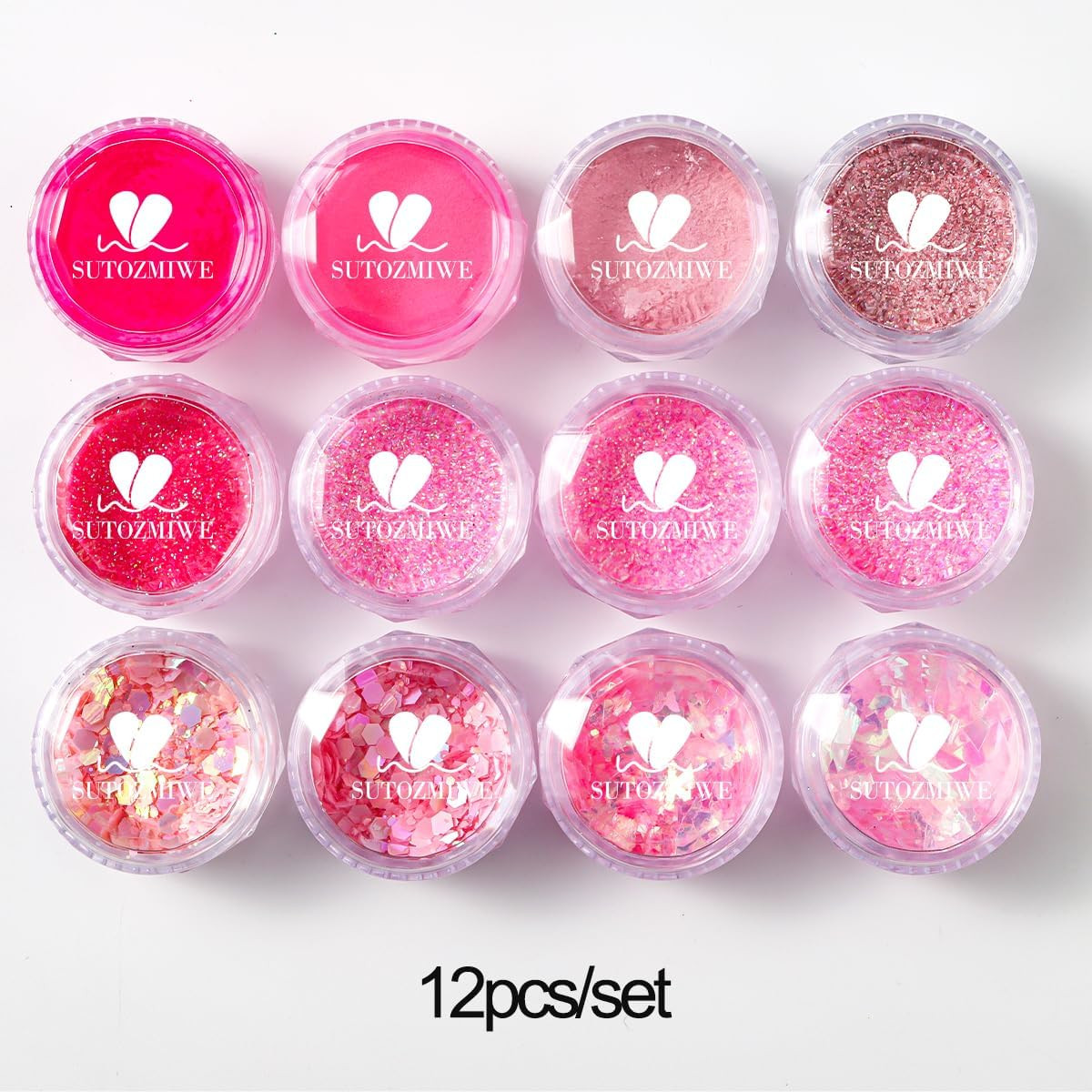 Pink Nail Glitter Powder, 12Pcs Nail Art Sequins Dust Set | Holographic Paillett