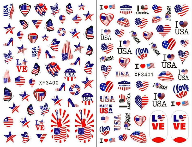 American Flag Star Heart LOVE USA 4th of July Butterfly Number 3D Nail Sticker