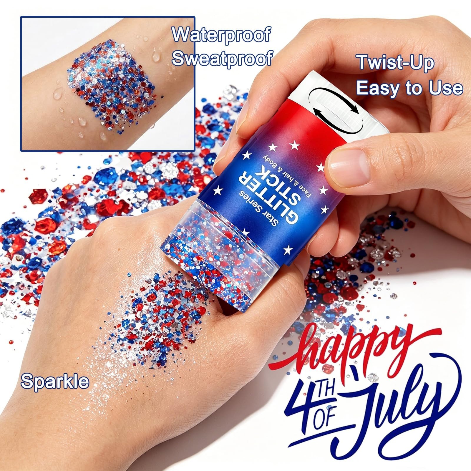 4th of July Body Glitter Stick – Red White Blue Star Face & Hair Glitter for Kid