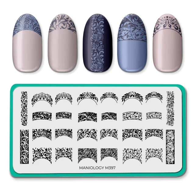 Maniology Nail Stamping Plate – Antique Swirl French Tips M397 Floral