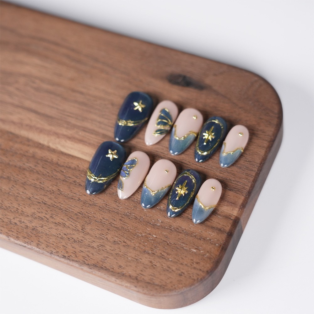 Handmade Gold Star Press on Nails Blue Nude Medium Almond Butterfly Ombre Accent