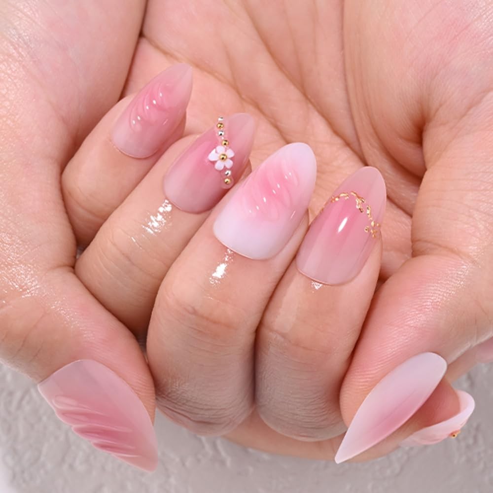 evpct Nude Pink Pearl Short Almond Press On Nails