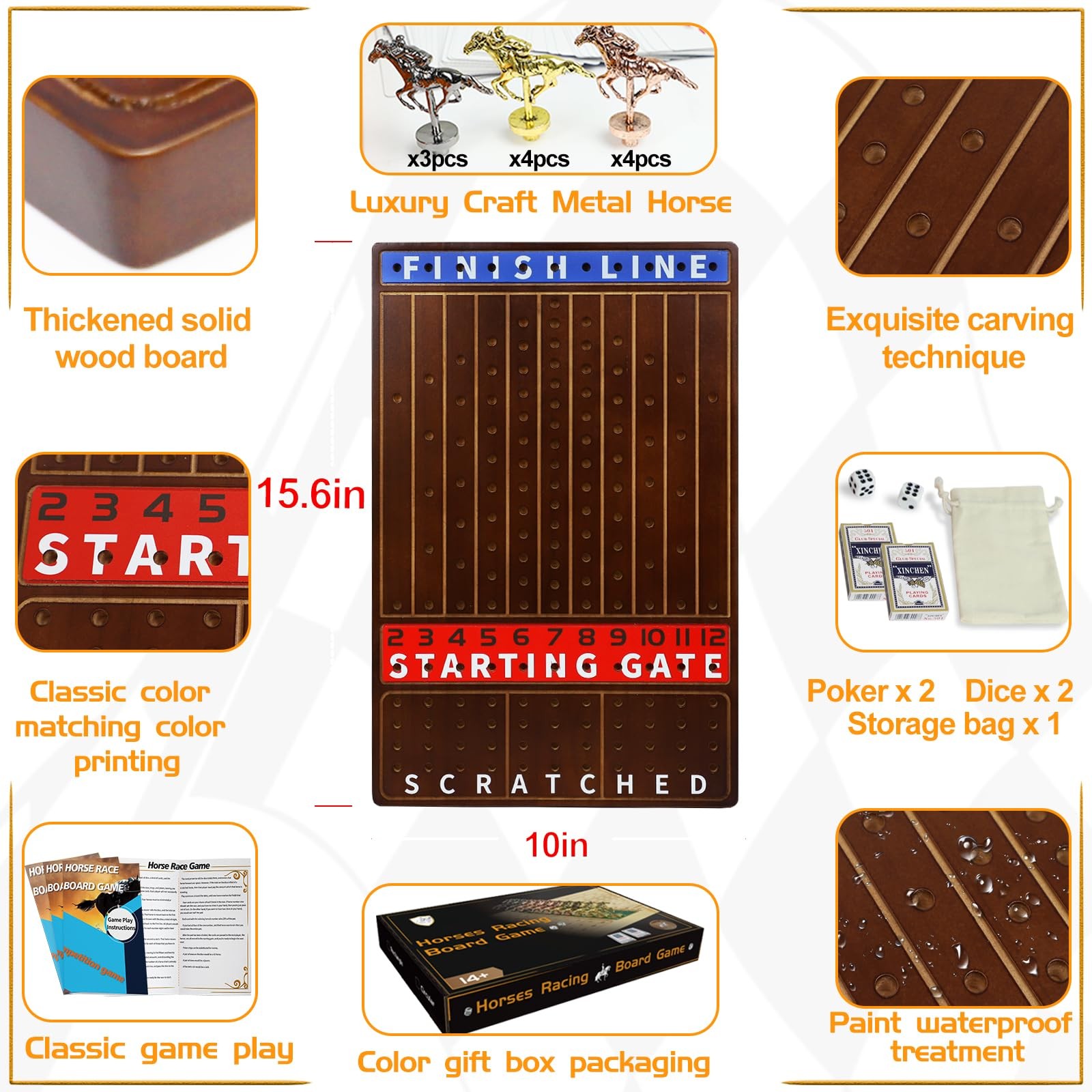 Jyquorp Horse Race Board Game Wooden Kentucky Derby Party Large, Walnut