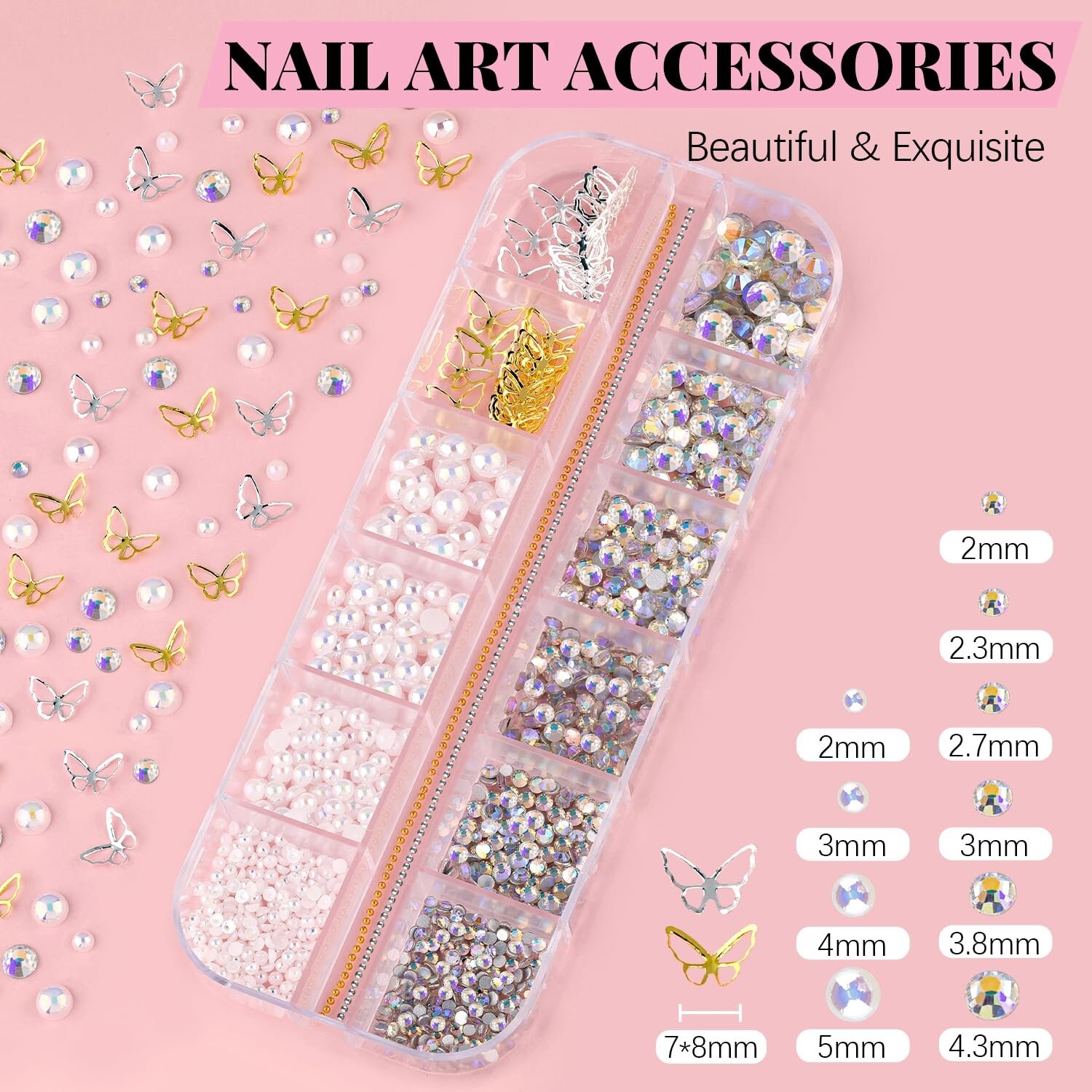 3D Nail Charms, Manicure Kit with Nail Rhinestone Glue Gel (UV Curing), Butterfl