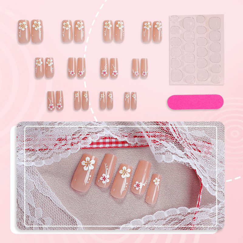 48pcs Long Square Press on Nails, Nude Base with Pink & White Flower Nails