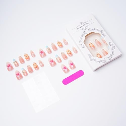 30Pcs Summer Beach Press On Nails – French Almond Shape – Ocean Theme – 23