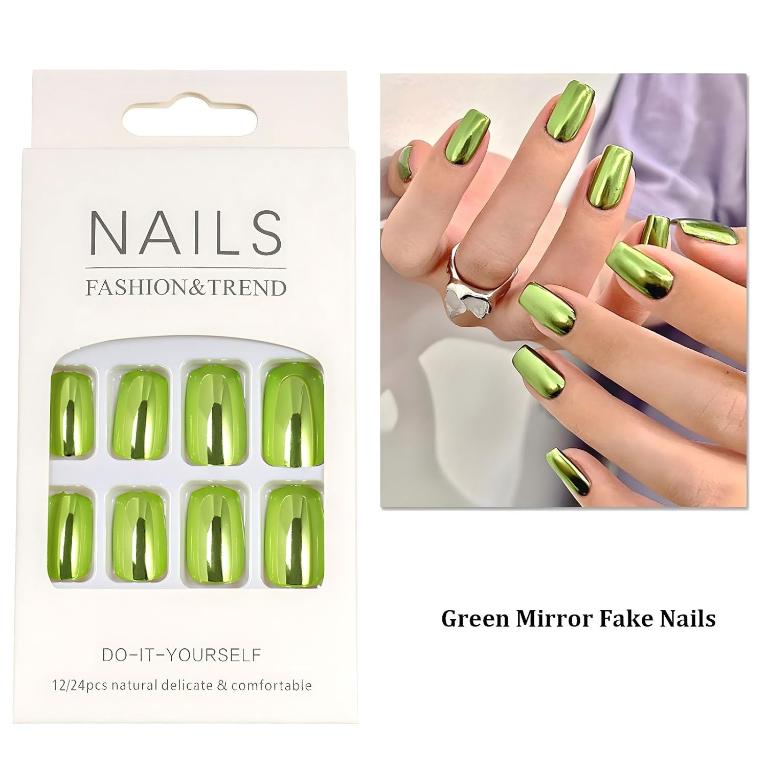 Green Chrome Press On Nails Short Square, 24pcs Normal, Square