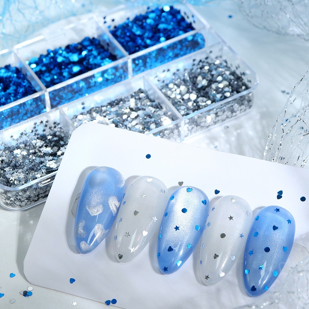 6Grids 1mm Mini Silver Blue Nail Glitter Sequins Mix Heart Star Flakes for Nails