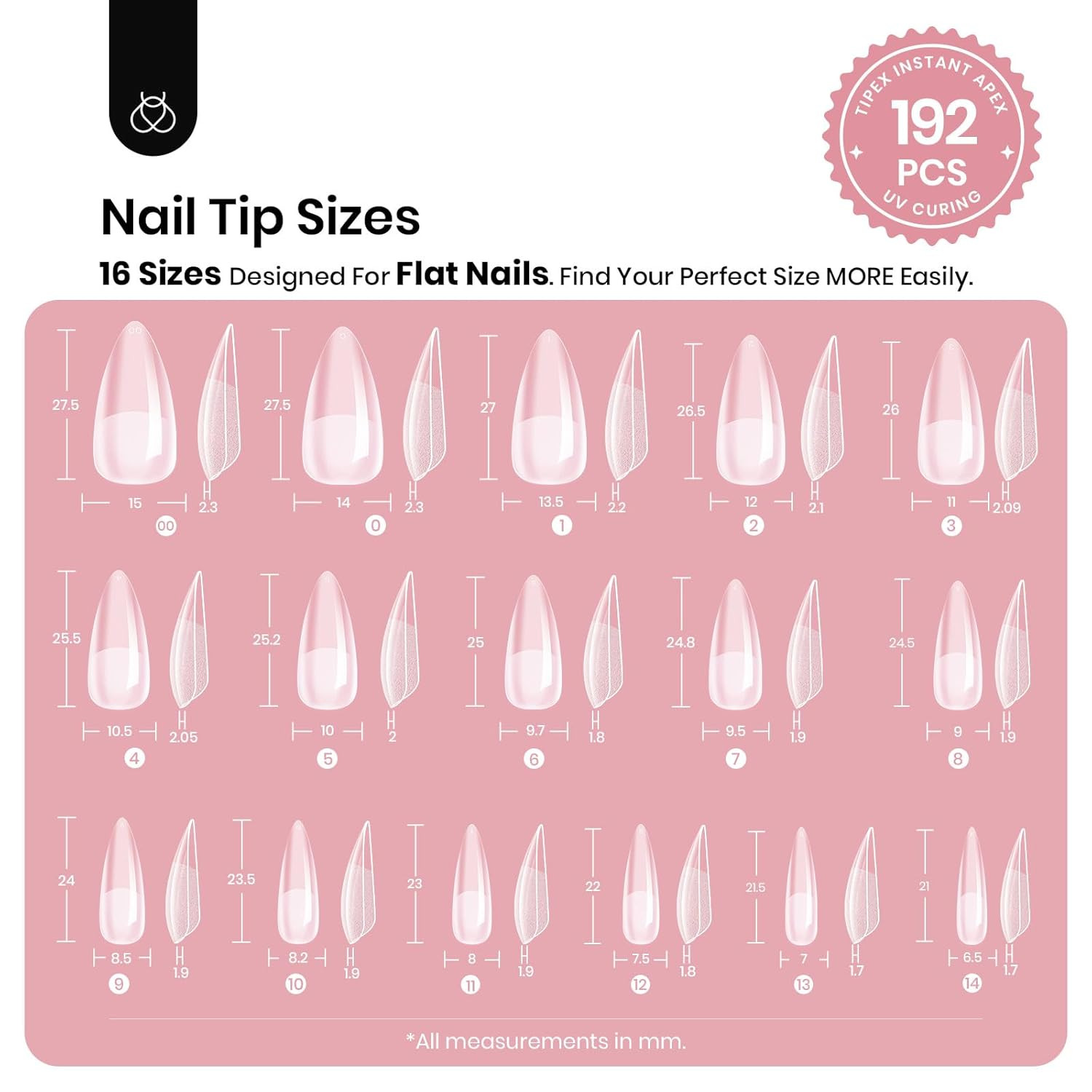 Beetles Tipex Instant Apex Nail Tips, Stiletto Medium, 16 Sizes (00–14), 192Pcs,