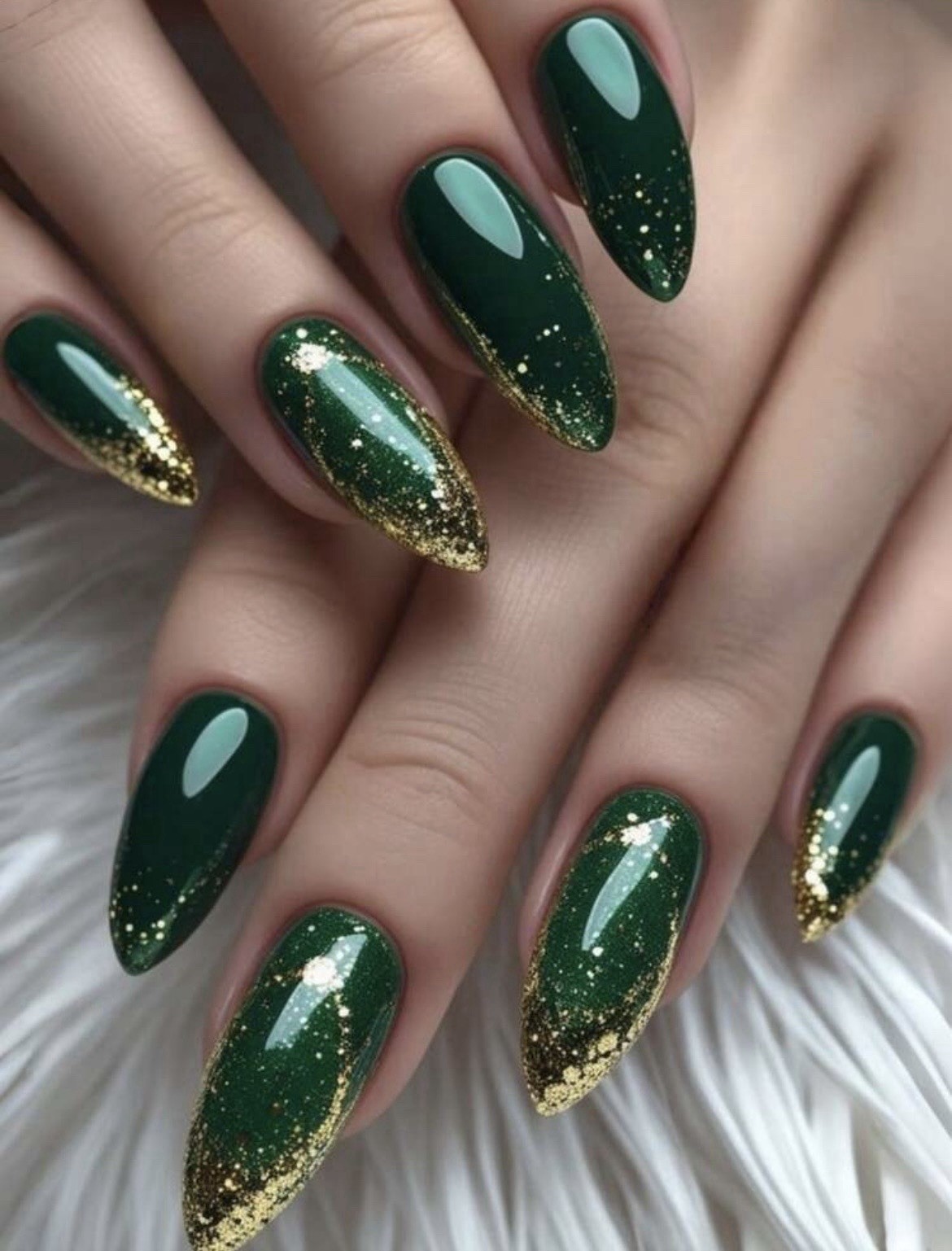 Reusable Self-Adhesive Press-On Nails Long Almond Green/Gold Glitter