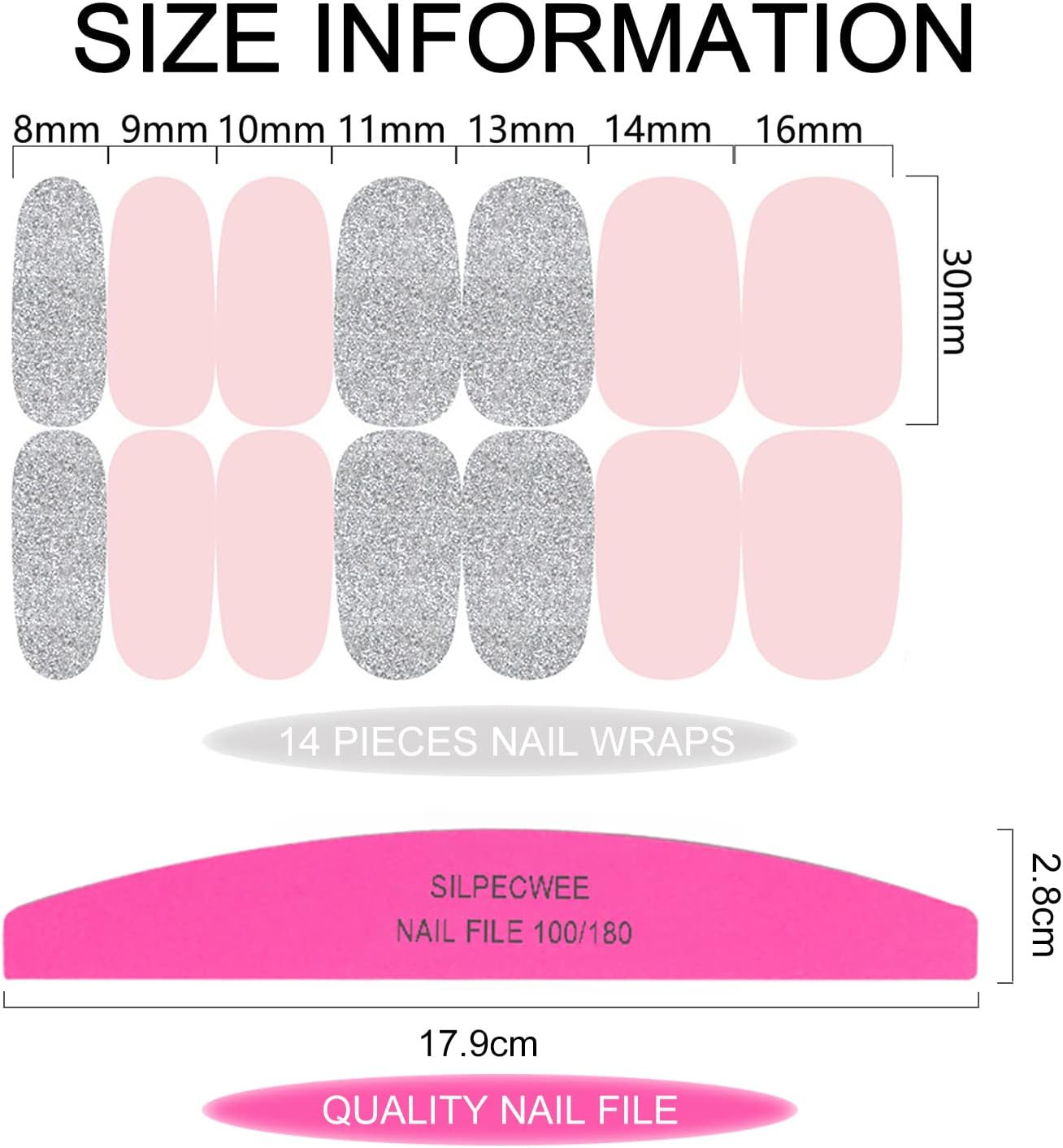 Pink Nail Wraps for Women Nail Polish Strips Solid Color Glitter Self Adhesive N