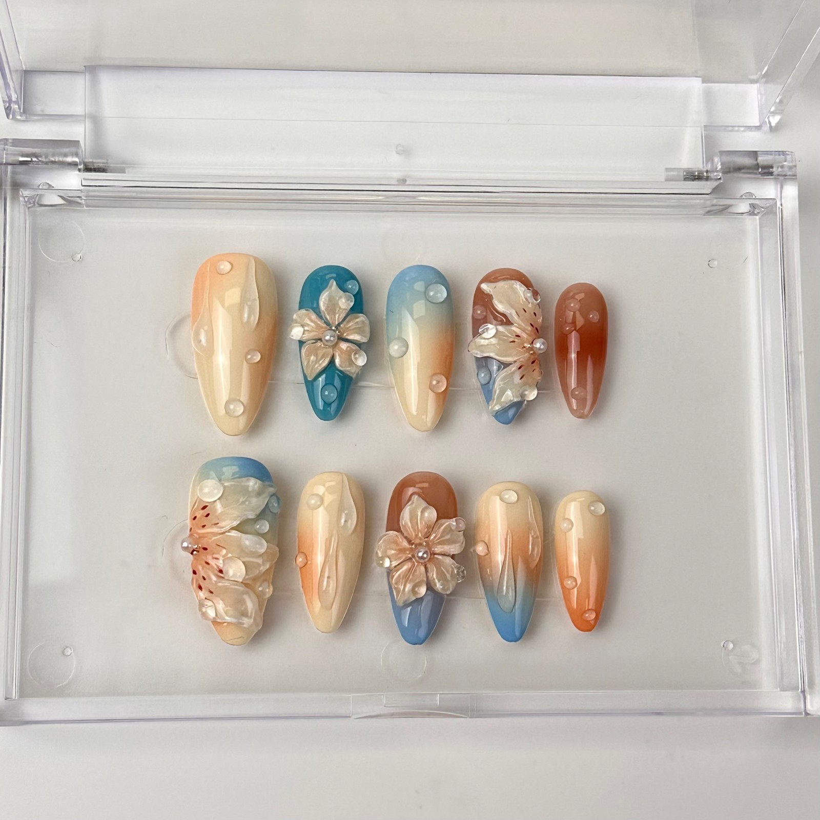 Blue Orange Flower Press On Nails Medium Almond 3D Waterdrop Glue On Set