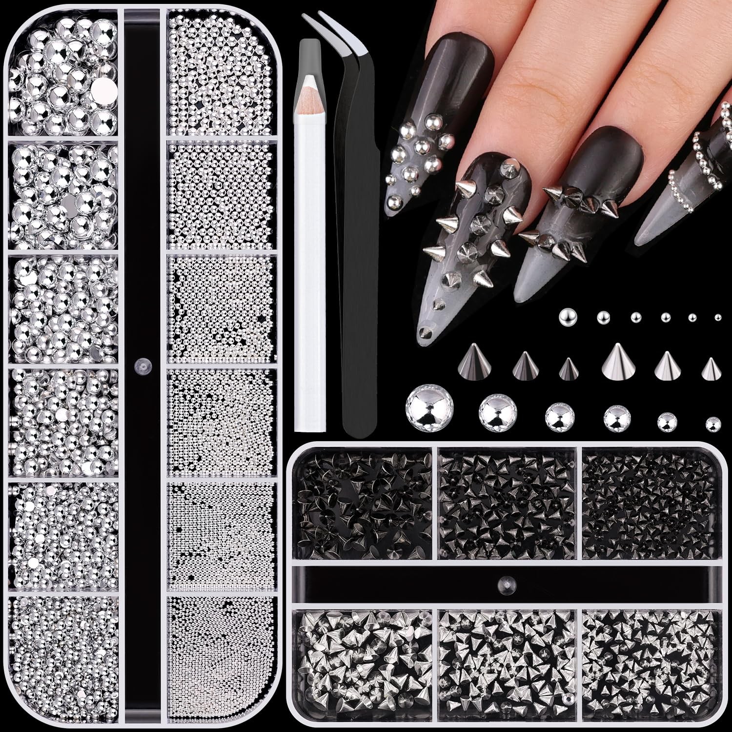 3D Mini Punk Nail Studs Cone Spike Alloy Rivets Black+Silver, Flatback Nail P…
