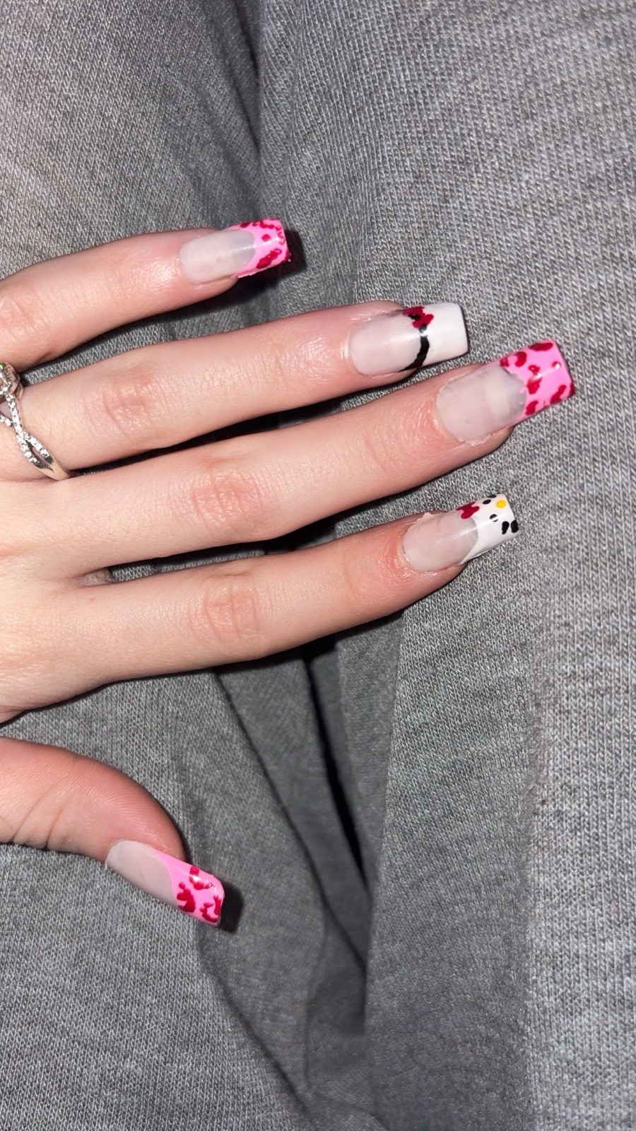 Hello kitty Long Square French Tip Press-On Nails Pink White Black