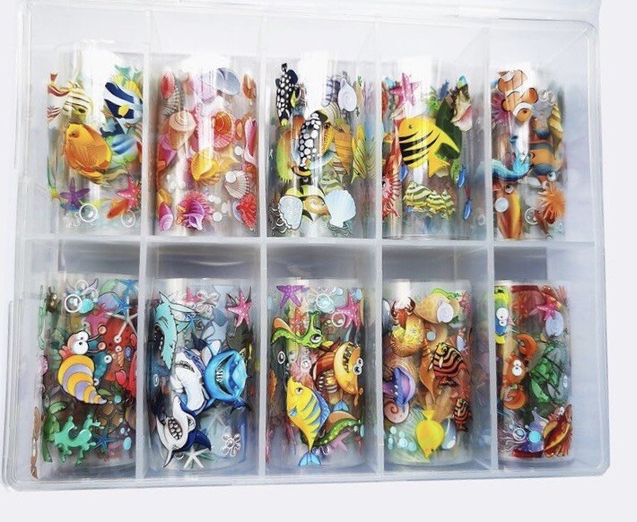 10PCS 4x20cm Clownfish Shark Slider Wrap Cartoon Ocean World Transfer Nail Foil