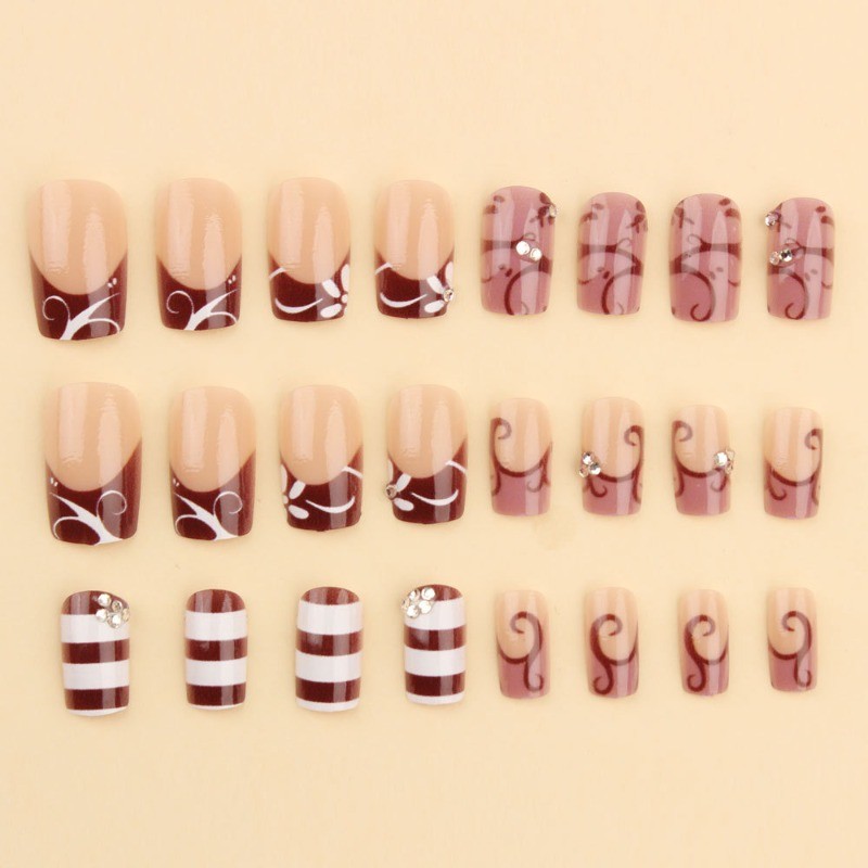 48pcs-Vintage Swirl Press on Nails, Medium Coffin Pink Brown Striped False Nails