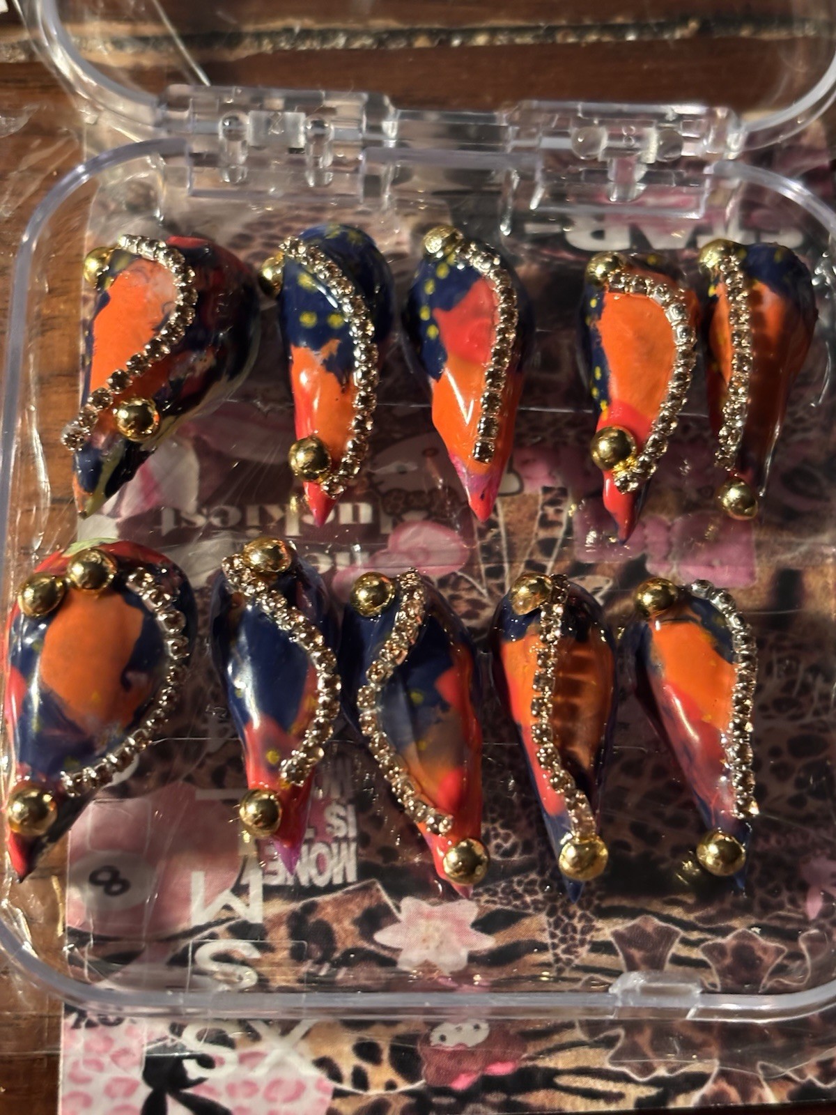 Long Stiletto Press-On Nails Orange Blue Gold Dragon 3D Animal print medium