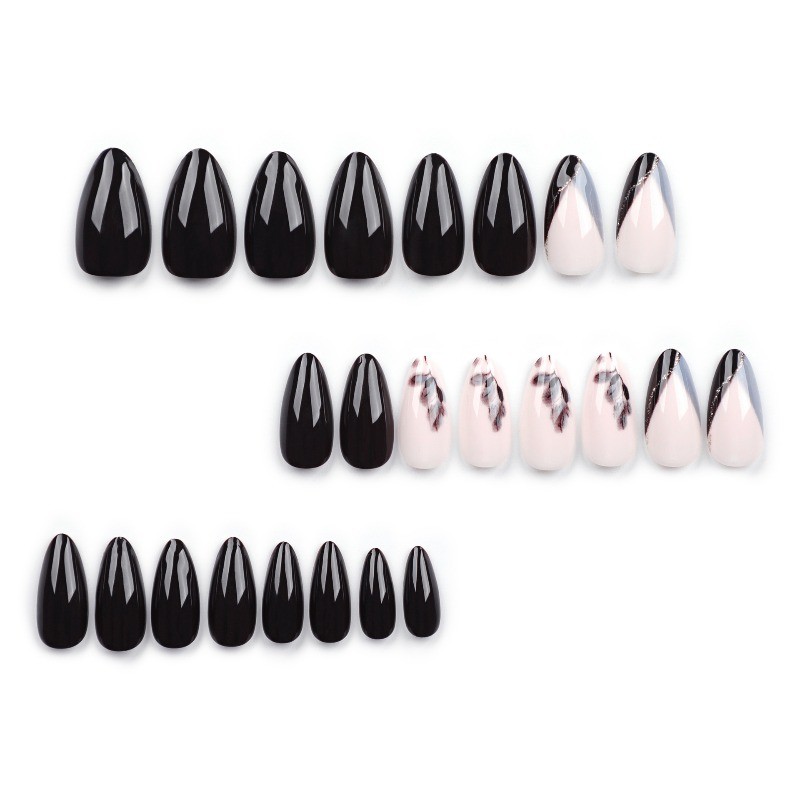 48Pcs-Black Nude Gold Line Press on Nails Glossy Long Almond Nail Art Set