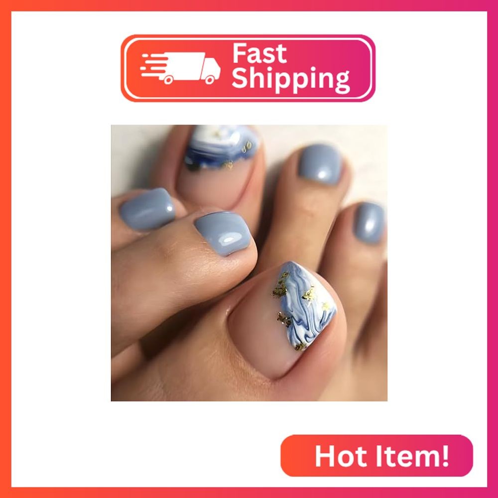 24Pcs Summer Fake Toenails Blue Press on Toe Nails with Gold Foil Designs Reusab