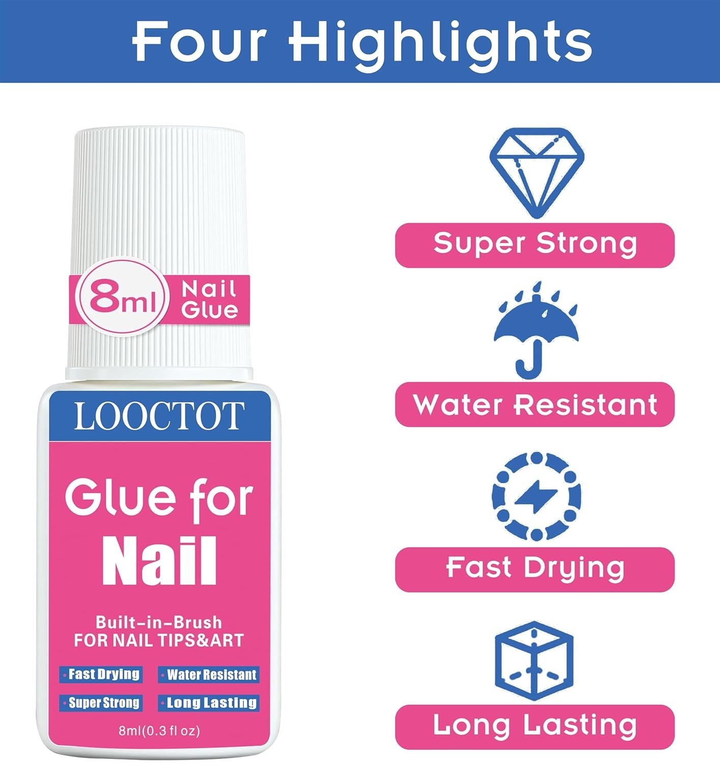 Super Strong Nail Cement 8ml*2 for Acrylic & Press On Nails – Waterproof Formula
