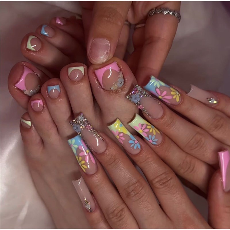 Sweet Leopard Print French 3D Flower Gradient Square Press On Nails 48PCS
