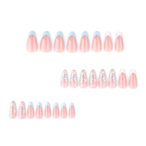 Flower Press on Nails – Medium Almond Fake Nails with French Tips – Short ACE-30