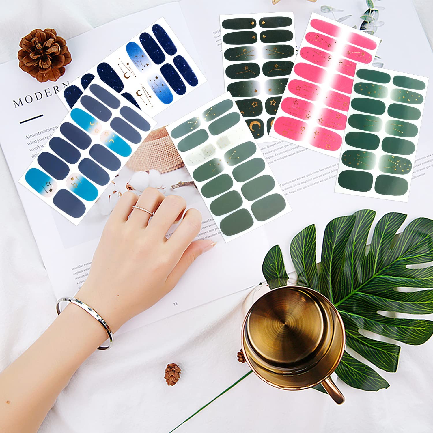 16 Sheets Nail Wraps for Women Gradient Star Moon Nail Polish Strips Gel Nail…
