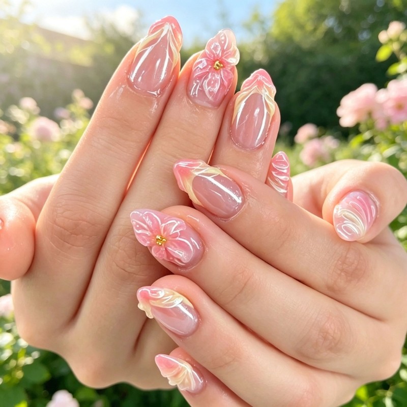 Pink Gradient Press On Nail with 3D Flower Almond Shape False Nail 30Pcs/Set