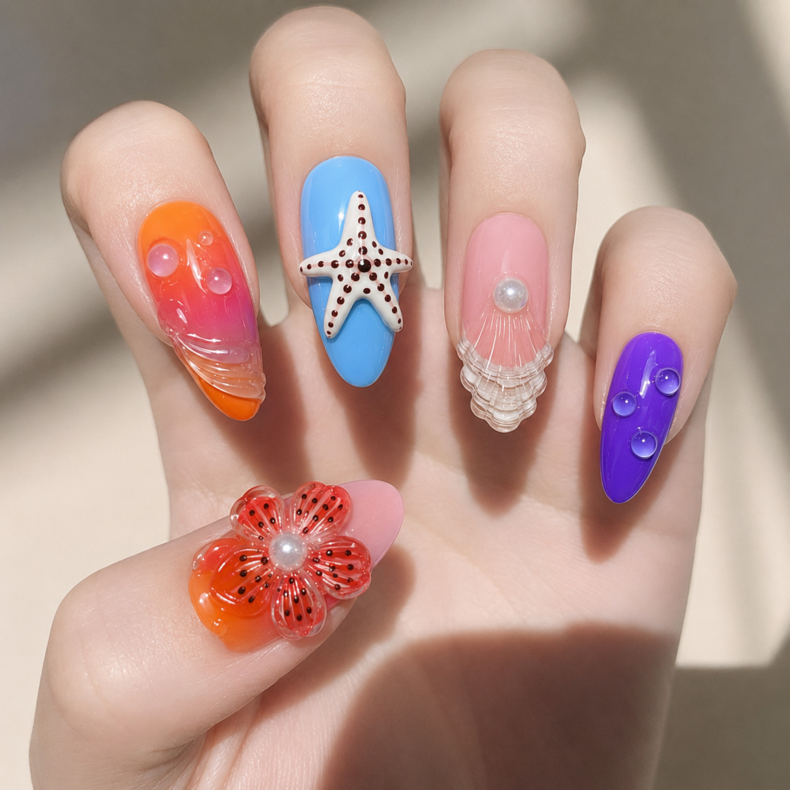 Handmade 3D Ocean Press On Nails Starfish Jellyfish Seashell Set