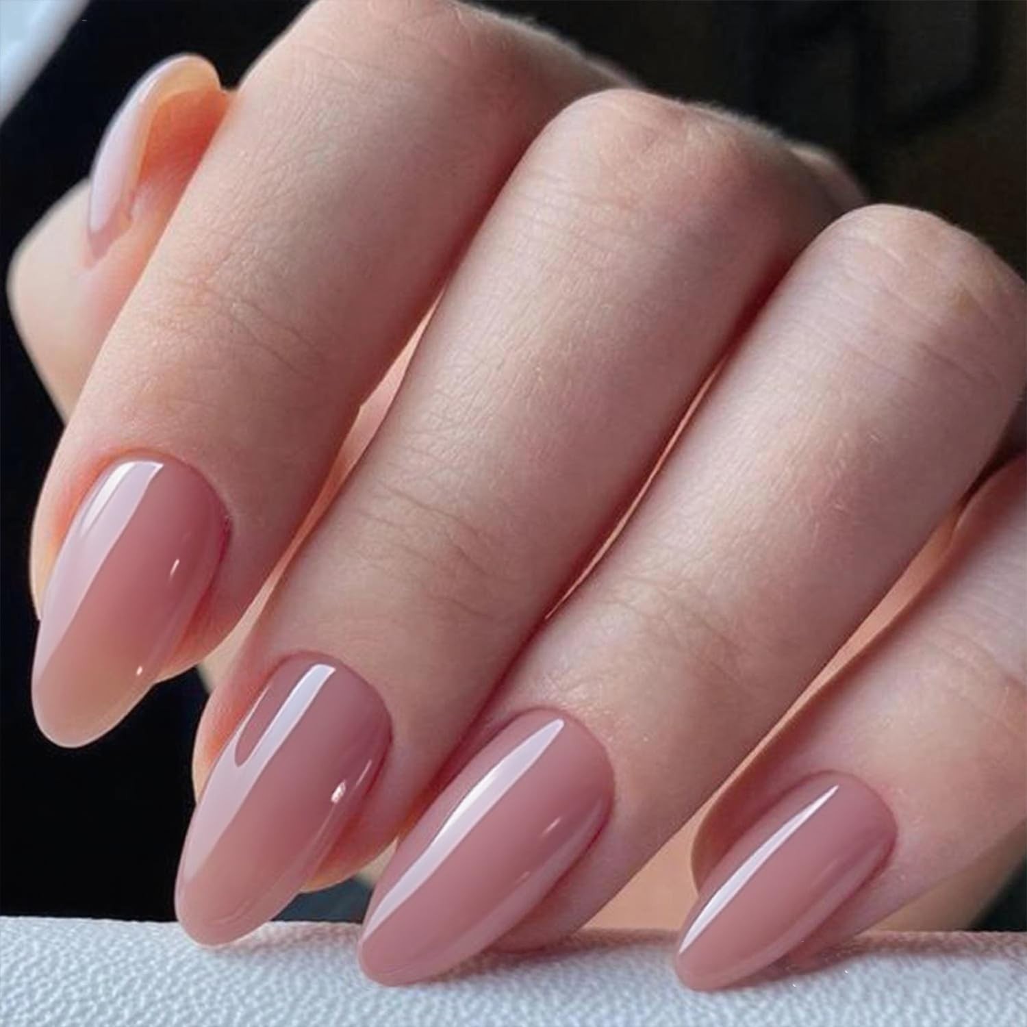Nude Pink Press On Nails Short Almond, Natural Pure Pink Handmade Soft Jelly Gel