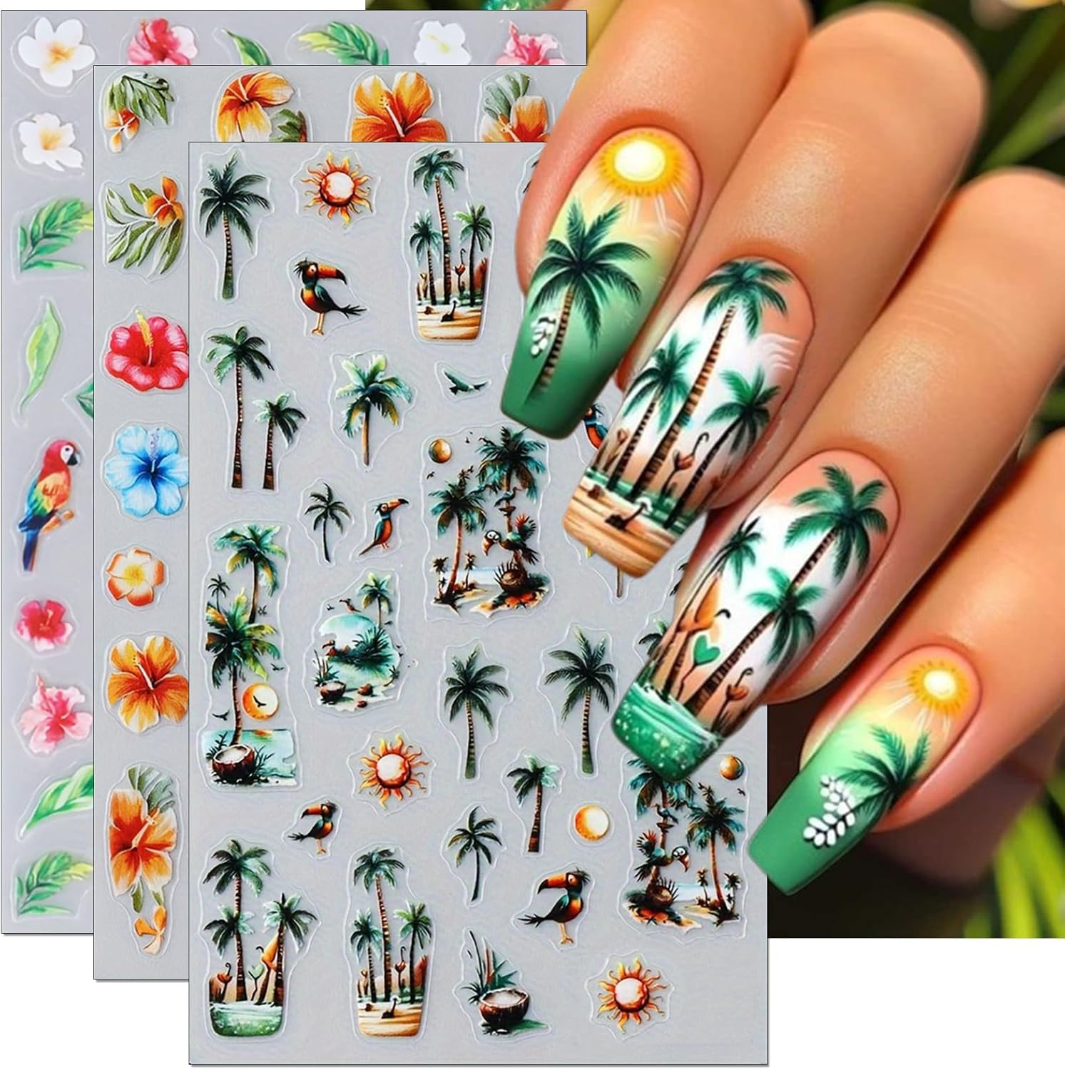 Summer Palm Tree Nail Art Stickers – Colorful Coconut Tree Seagull Self-Adhesive