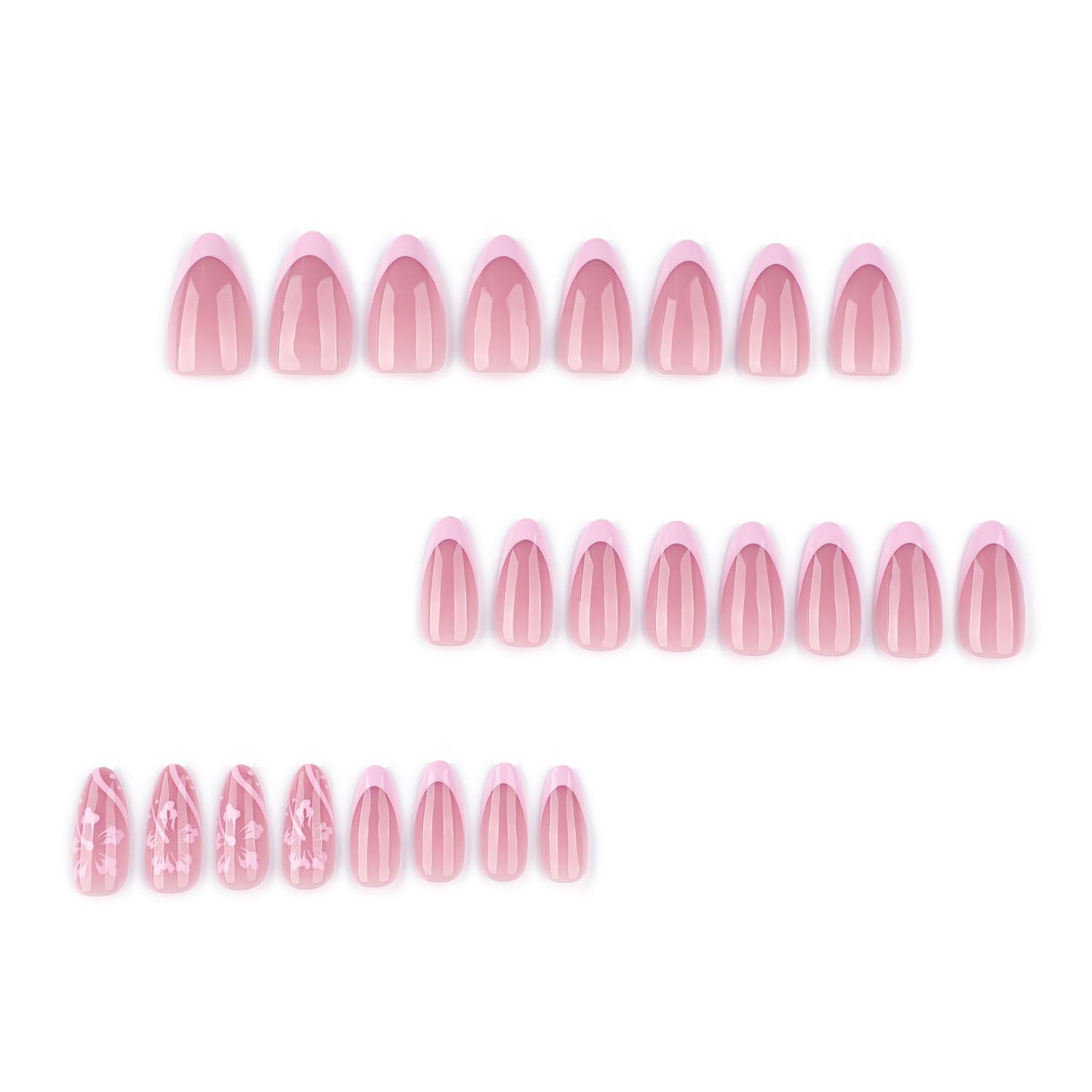 Summer French Tip Press On Nails Flower Design Almond Medium Glossy Fake Nails