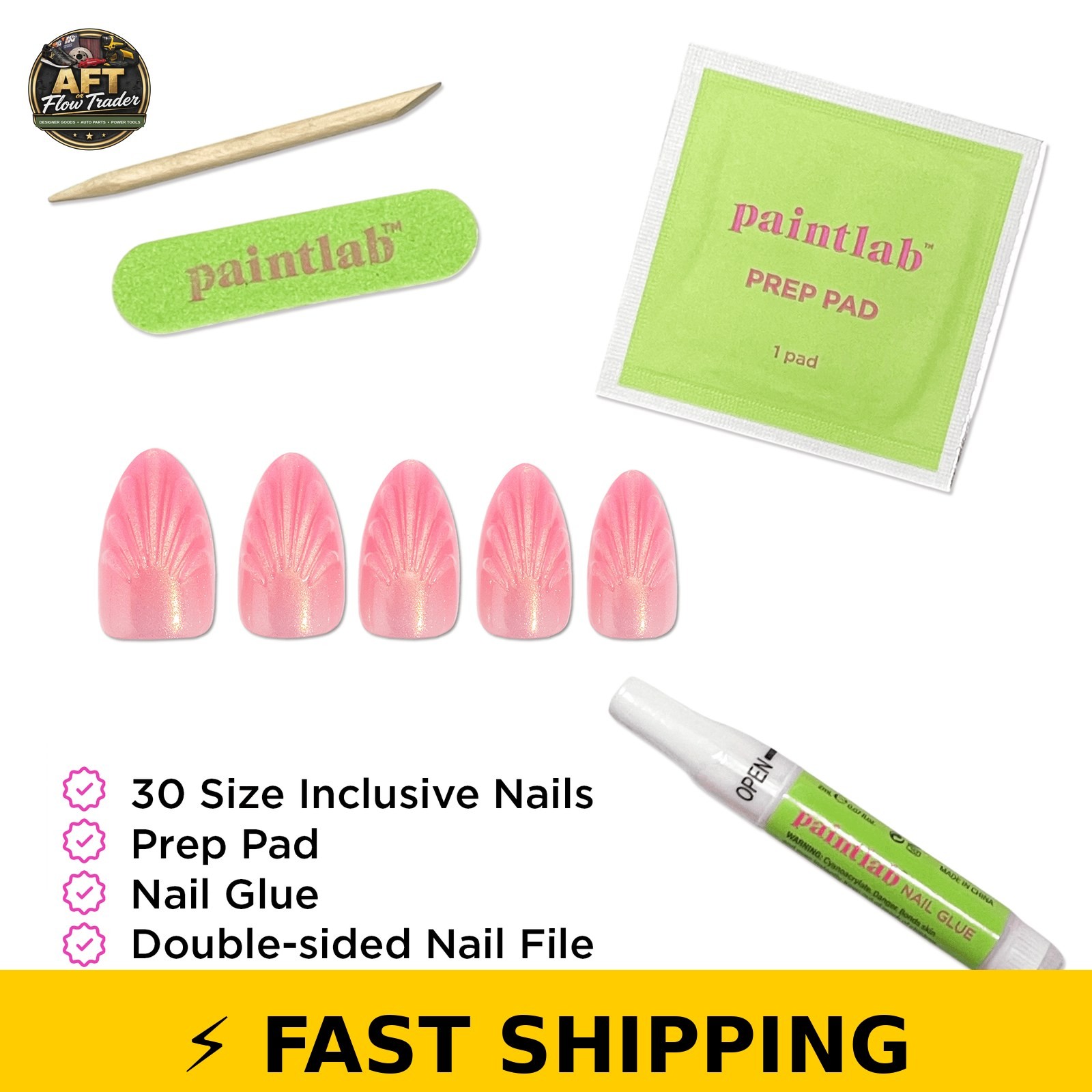 PaintLab Short Almond Press On Nails 3D Mermaid Shell Pink 30 Count