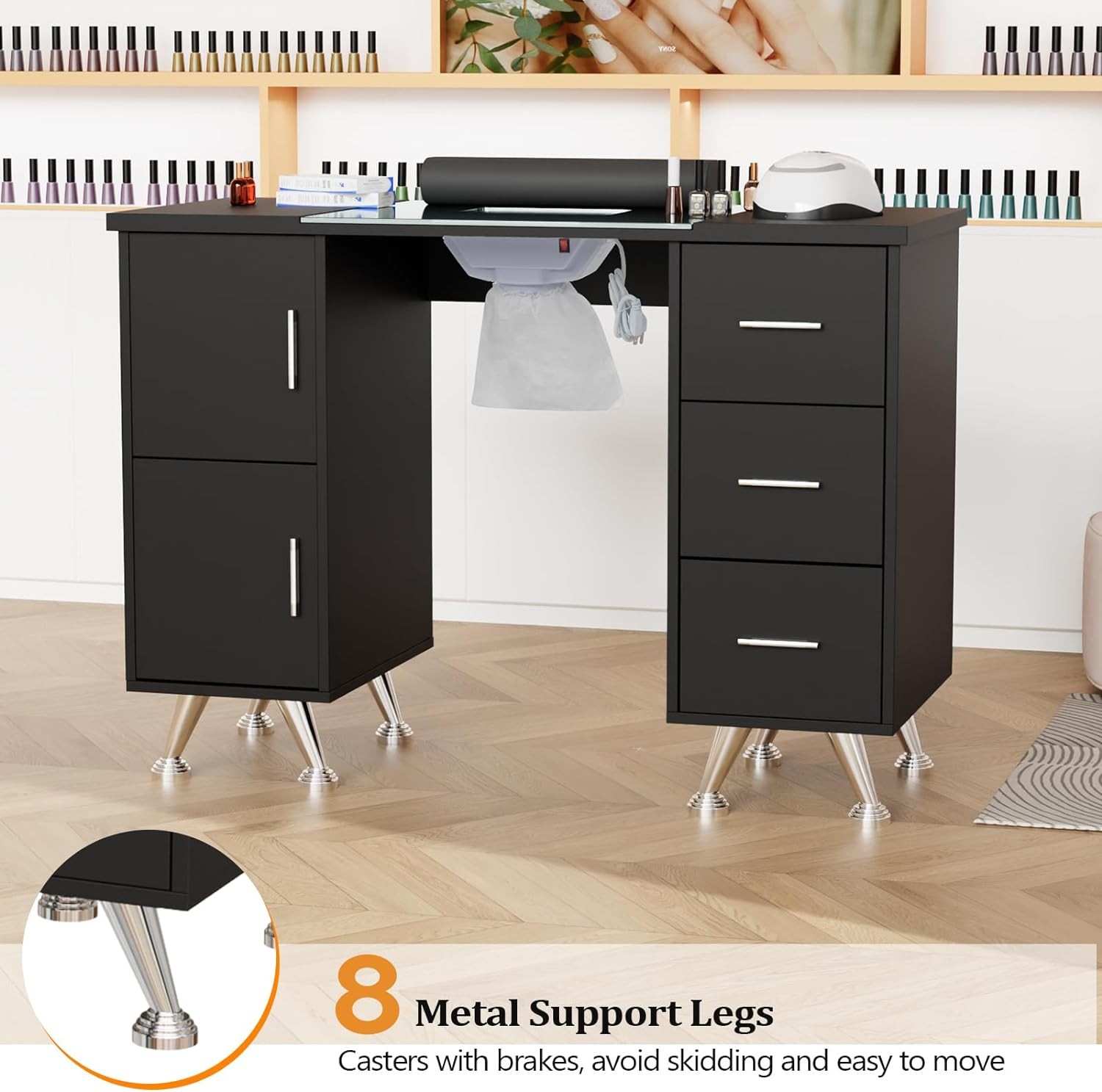 Manicure Table w/ Built-in Dust Collector, Glass Top, Drawers & Wrist Rest Black