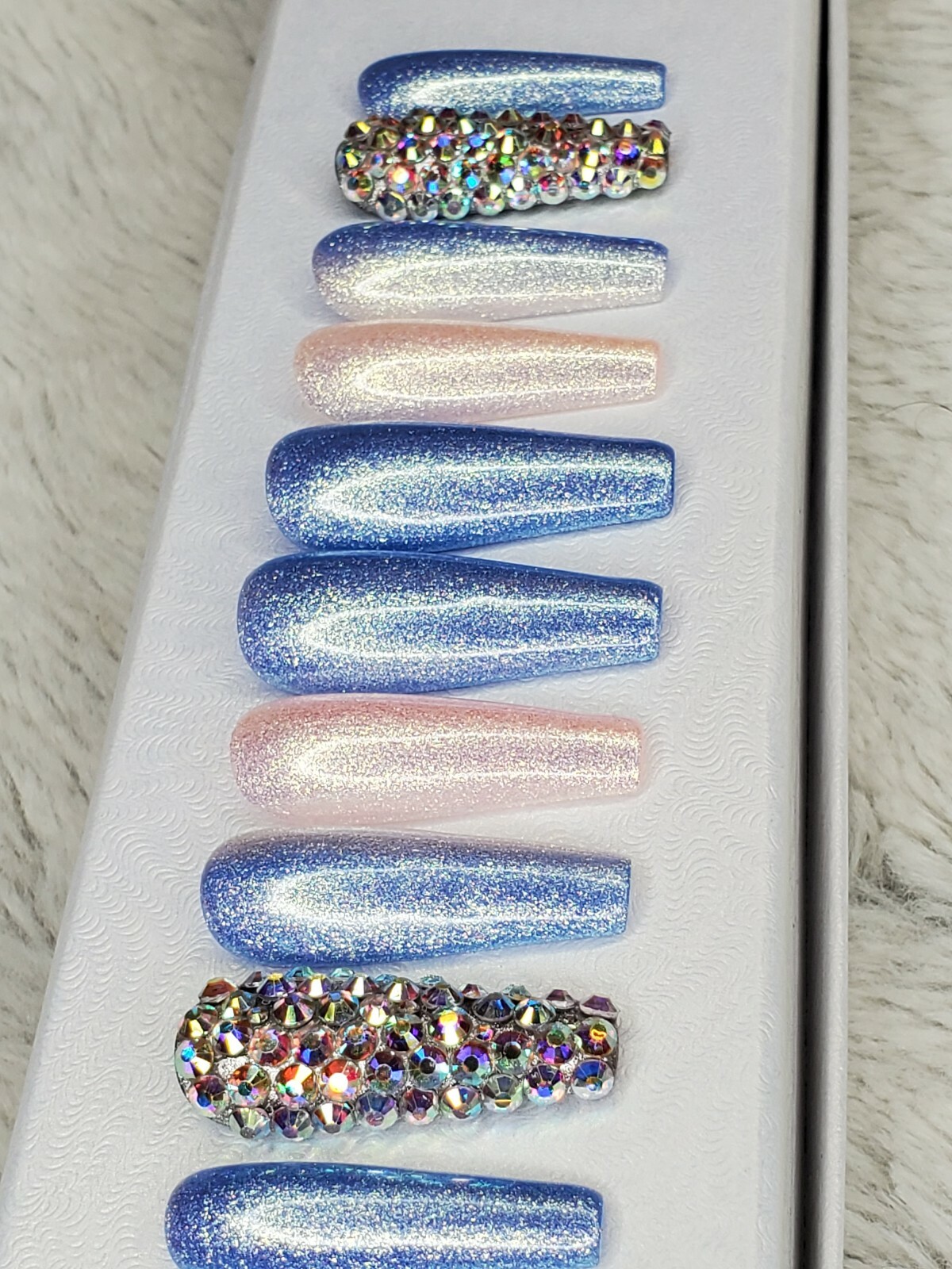 Baby blue white Bling glitter long ballerina diamond press on nails barbie ombre