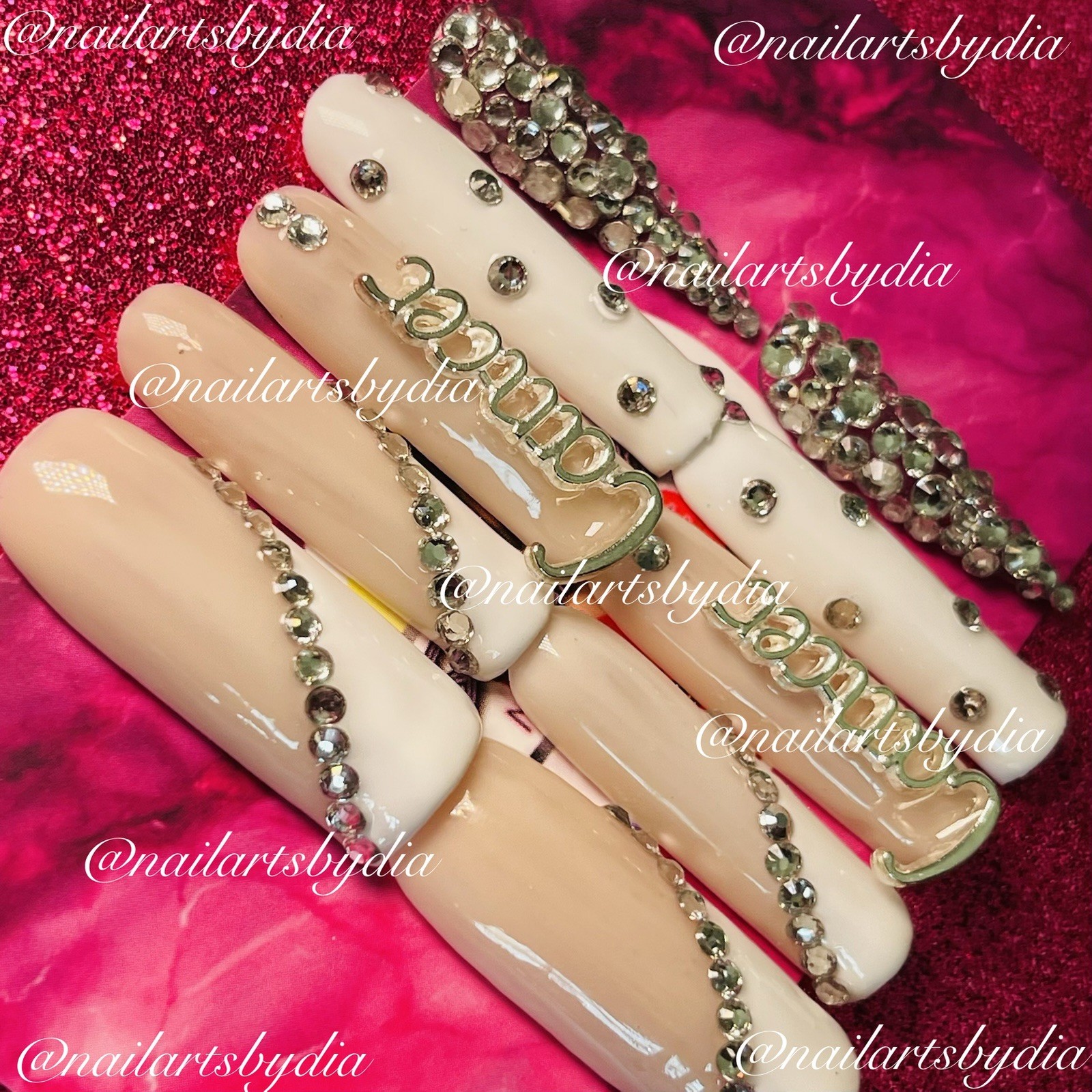 Authentic Nail Arts by Dia Long Coffin Press-On Nails White Beige Silver 3D