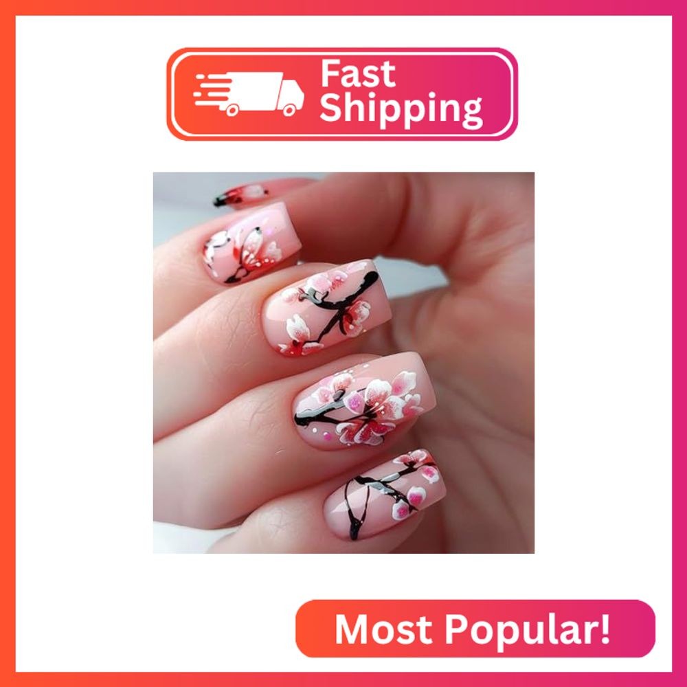 Medium Short Press on Nails Pink Fake Nails Square Acrylic Nails Peach Blossom G