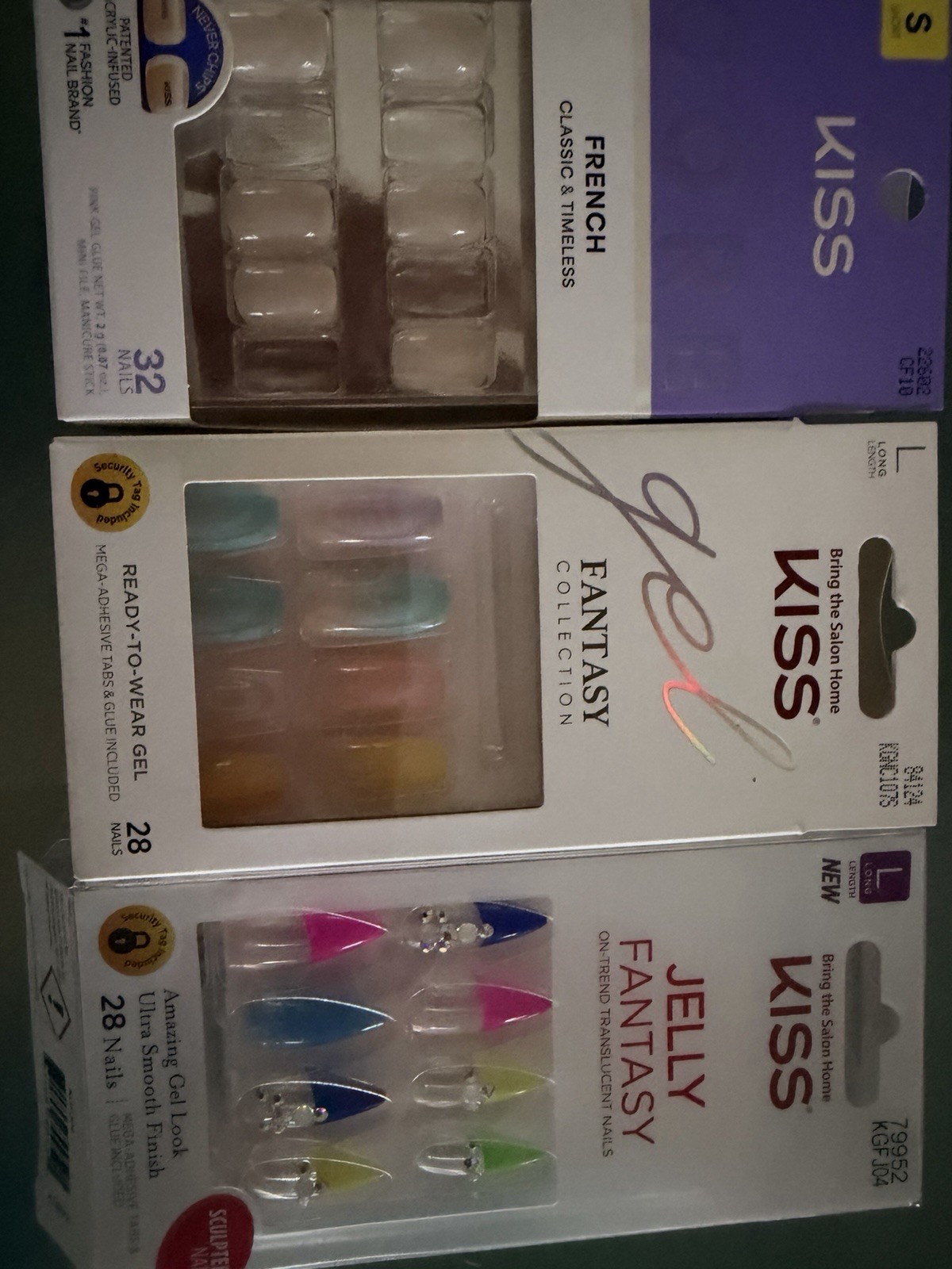 22 Kiss Glue-On Nails Lot Jelly Fantasy, Gel Fantasy, Glam Fantasy Long Med.