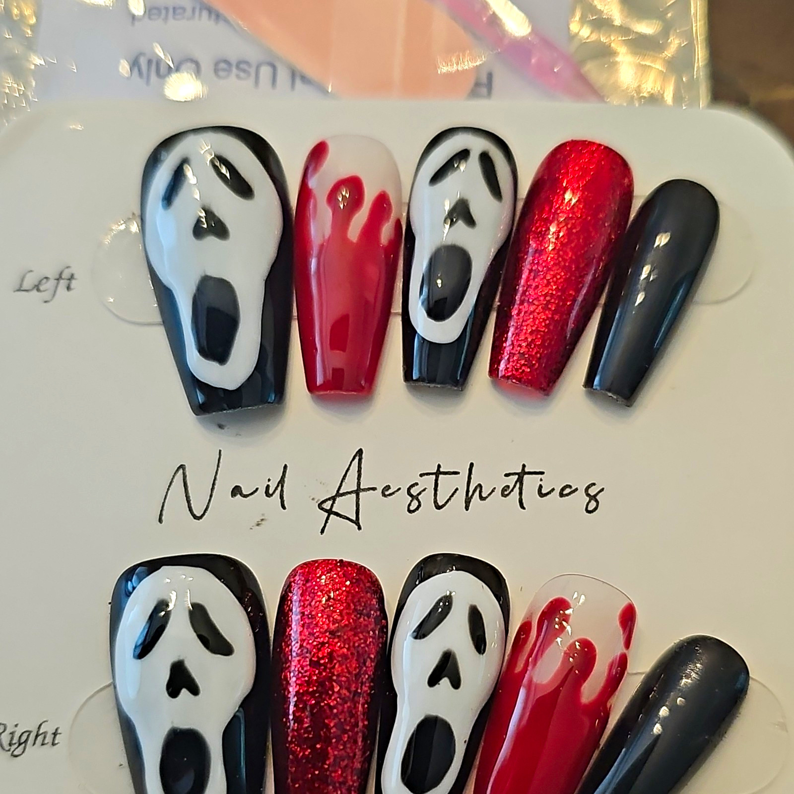 Nail Aesthetics Press-On Nails Long Coffin Red Glitter Ghost Halloween Medium