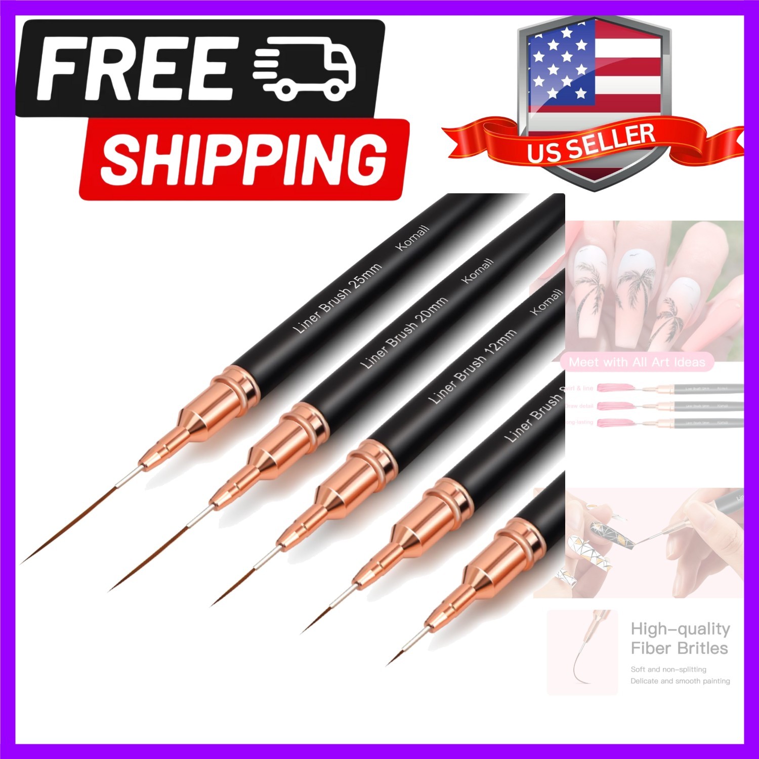 Metallic Nail Art Brushes, 5Pcs Liner Brush Set, UV Gel Polish Painting Art D…
