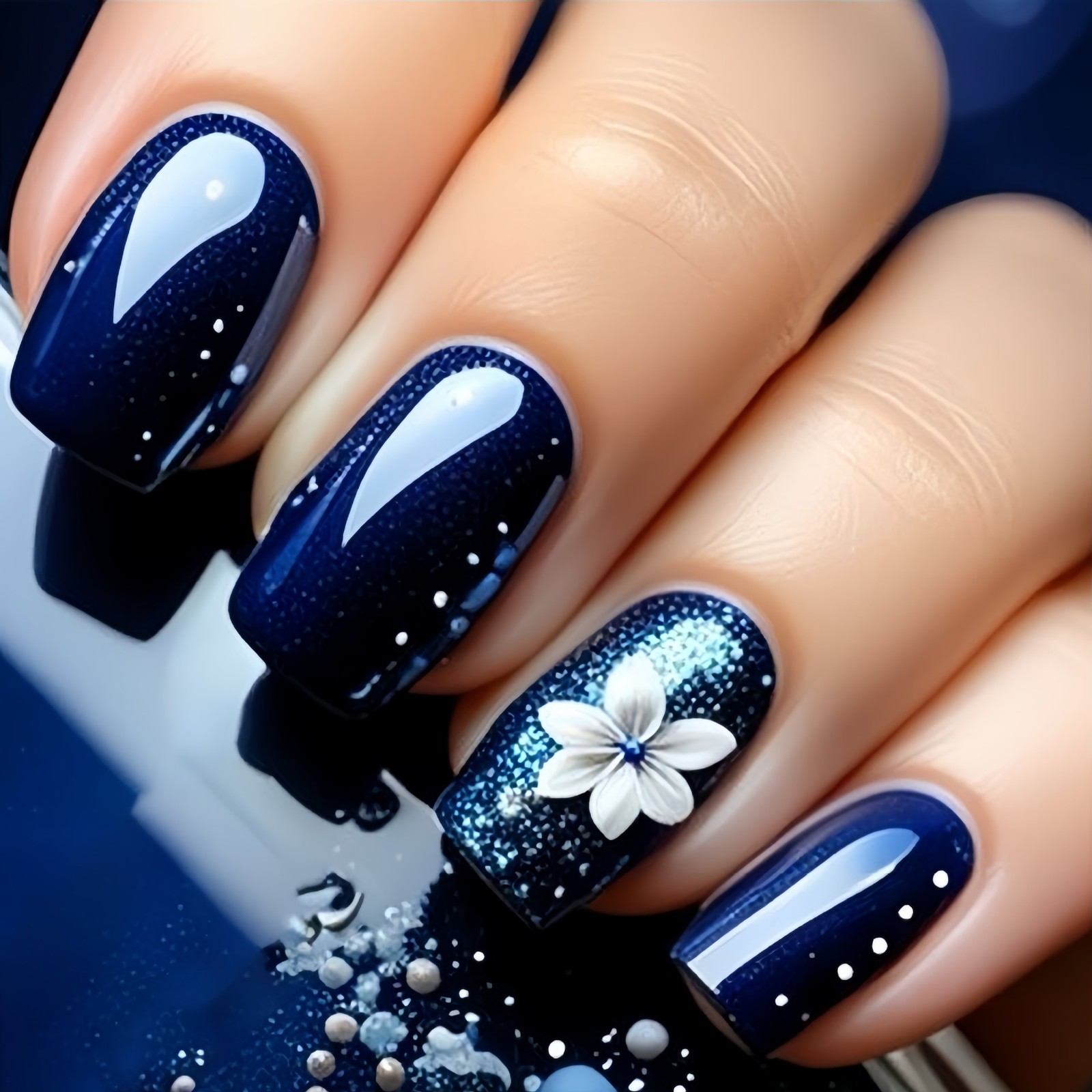 48pcs Elegant Navy Blue Glitter Press On Nails Flower Long Coffin Fake Nails