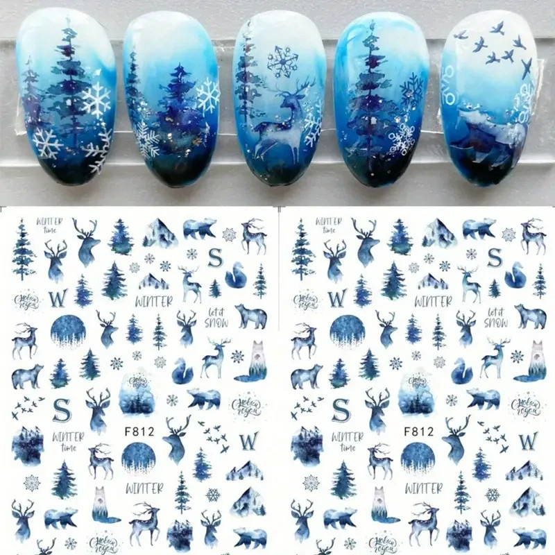 Nail Art Stickers Decals Winter Blue Forest Deer Snowflake Xmas 3D DIY