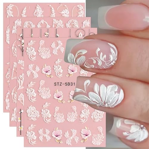 5D Spring Embossed Flower Nail Art Stickers 4 Sheets Real Self-Adhesive