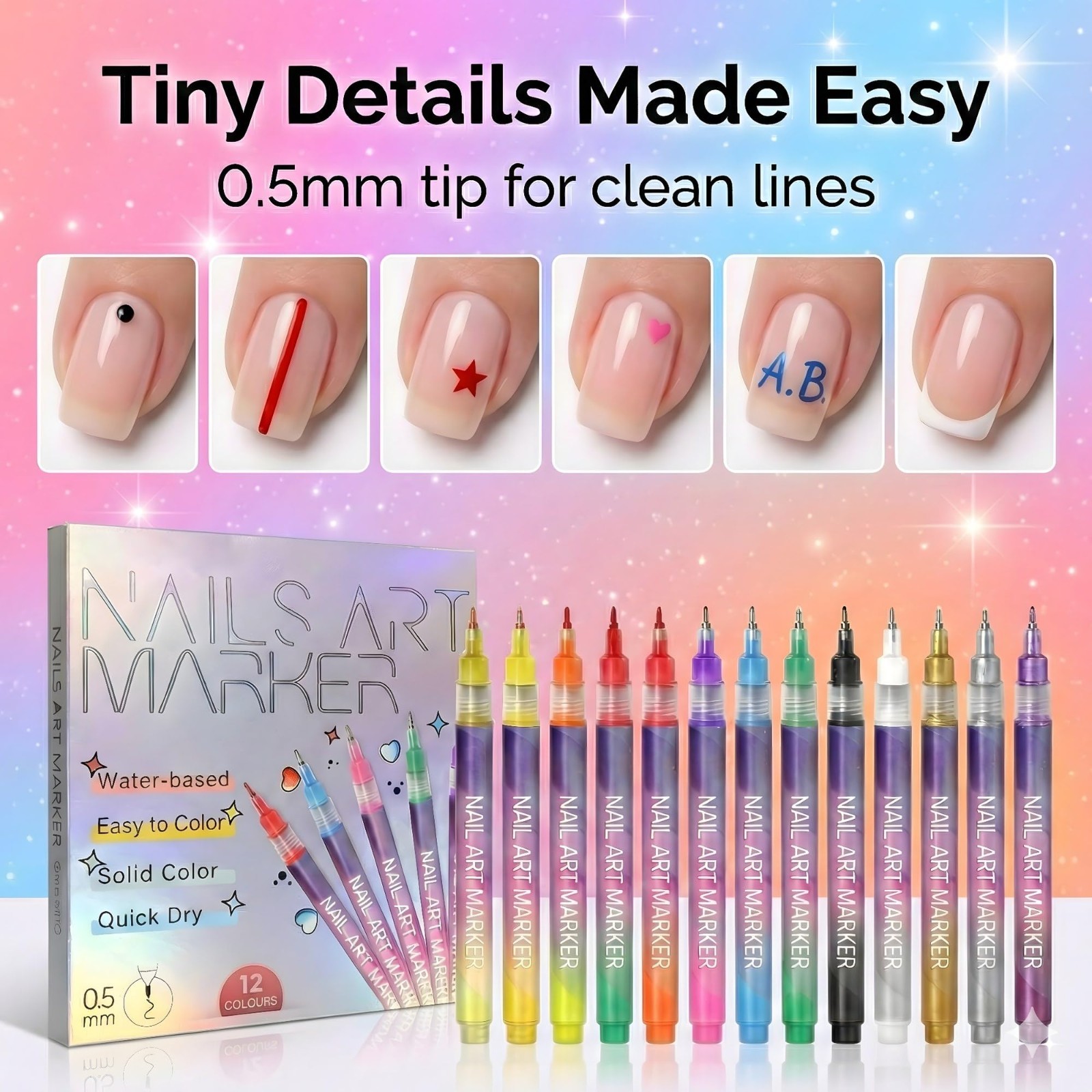 12 Color Nail Art Markers Set – Fine Tip Quick Dry Pens for Easy DIY Nail Design