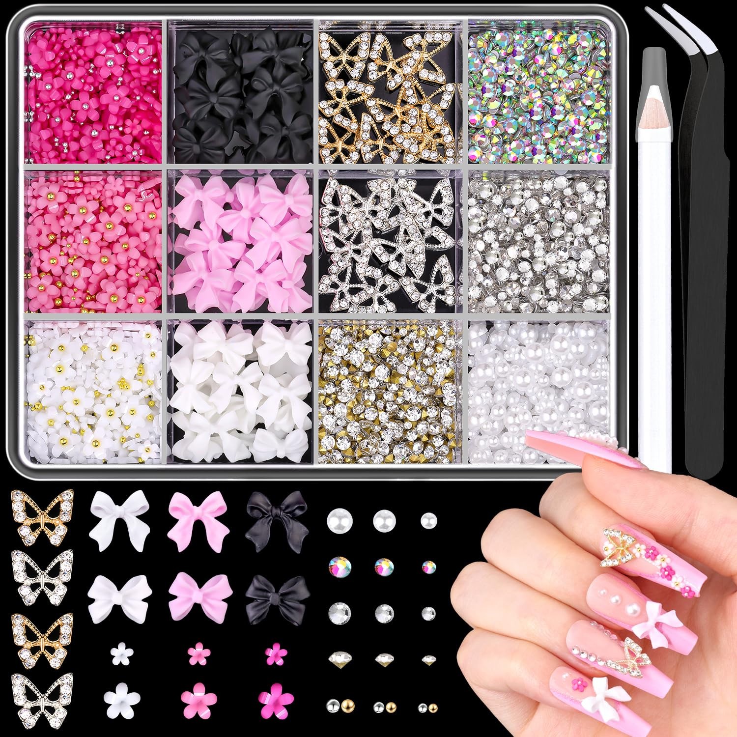 3D Nail Charms & Gems Set –Butterfly Charms, Bows, Flowers, Pearls, Rhinestones