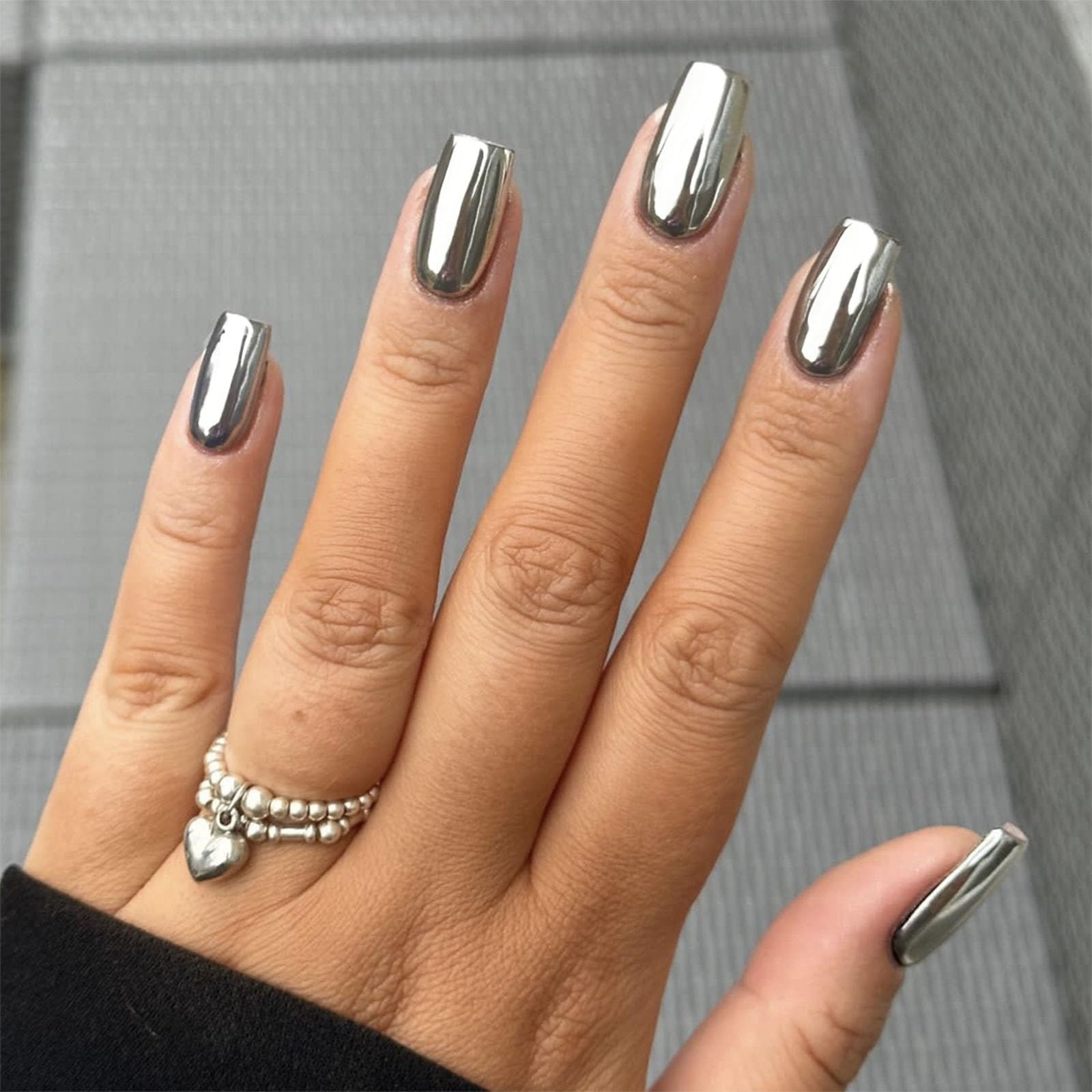 FJSMTOPl Silver Press on Nails Medium Square Fake Nails Metallic False Nail…